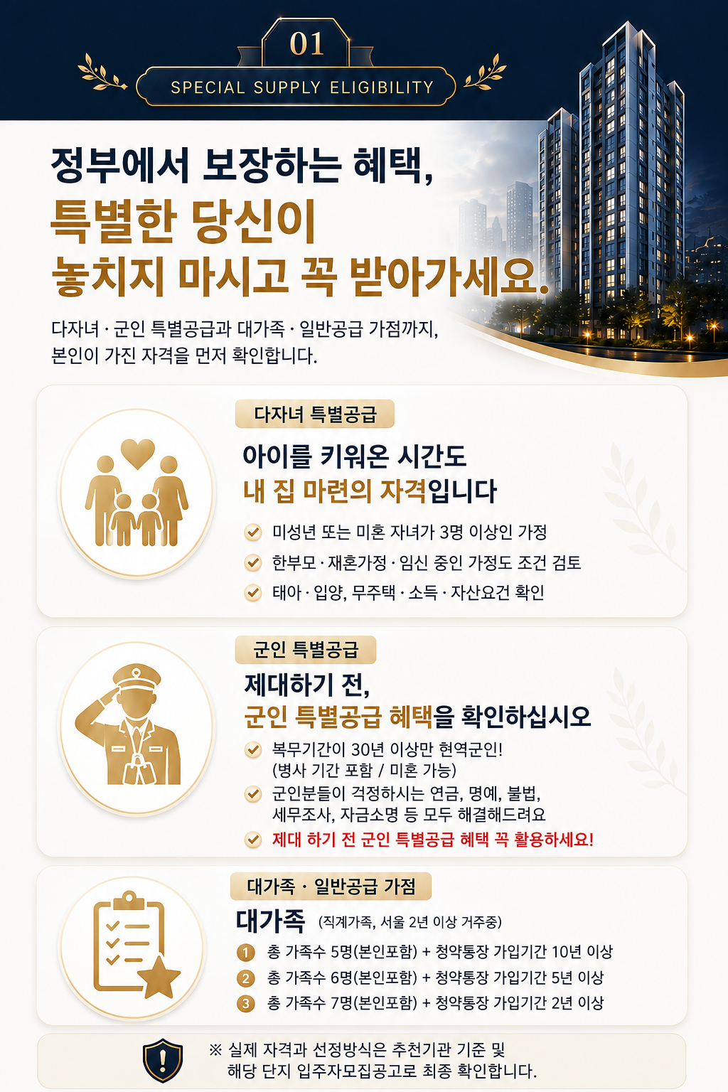 다자녀 특별공급, 복무기간 30년 이상 현역 군인 특별공급, 대가족 일반공급 가점 기준을 설명하는 안내 이미지